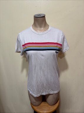 Marine Layer cream Tee with Red, Pink, Yellow & Navy Chest Stripes